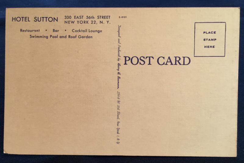 Linen Postcard Unused Hotel Sutton NYC NY LB