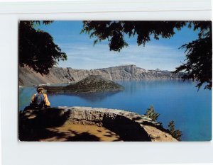 Postcard Wizard Island From Lookout Point, Crater Lake National Park, Oregon