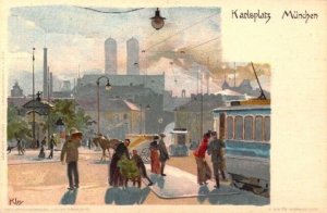 Beautiful Nister Publ, Karlsplatz Munchen, by Kley, Street Cars, Old Postcard