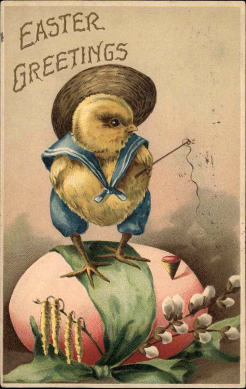 Easter Fantasy Little Boy Chick with Toy Top c1910 Vintage Postcard