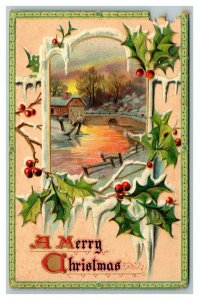 Vintage 1910's Tuck's Christmas Postcard Mistletoe Holly Berries Snowy Scene