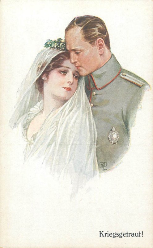 War wedding soldier with woman in wedding dress c.1914-1918 artist postcard