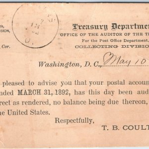 RARE 1892 US Govt Treasury Form Postcard Osmans, OH Postmaster Tax Auditor A70