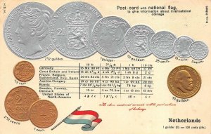 NETHERLANDS SILVER GOLD COINS FLAG TABLE RATE EMBOSSED PATRIOTIC POSTCARD (1910)