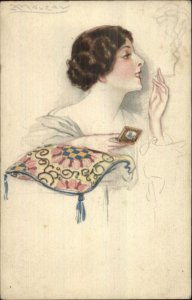 Mauzan Art Deco - Beautiful Woman Smoking Cigarette c1915 Postcard