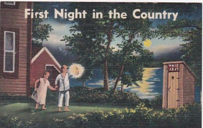 Humour First Night In The Country Young Couple Going To Outhouse