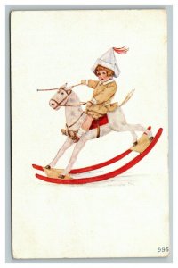 Vintage 1910's Postcard Cute Boy Plays on Rocking Horse Paper Hat Nice