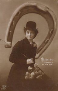 Tally Ho Lady Cross Dressing Riding Crop Fox Hunting WW1 Glamour Postcard