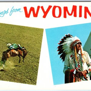 c1960s Greetings from Wyoming Horse Frontier Days Cheyenne Indian Chief PC A232