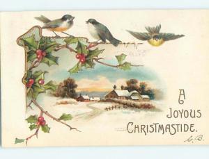 Pre-Linen christmas THREE CUTE BIRDS WITH HOLLY AND WINTER SCENE hr2738