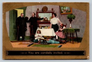 c1909 Family Visiting Around the Table Gold Framing ANTIQUE Postcard 1083