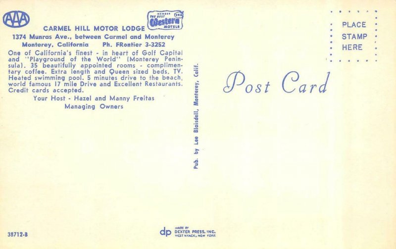 MONTEREY, CA California CARMEL HILL MOTOR LODGE Roadside c1950's Chrome Postcard