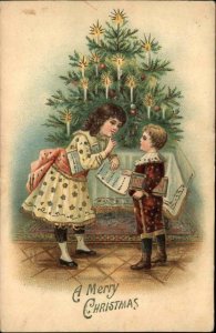 Christmas Little Boy and Girl Siblings Sheet Music Embossed c1910 Postcard