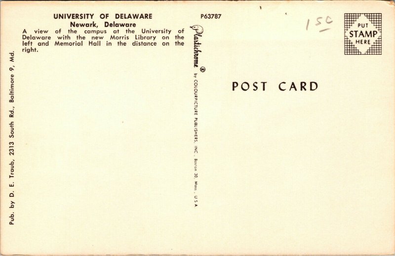 Vtg 1950s University Of Delaware Newark DE Chrome Postcard