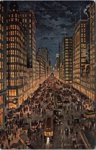 Postcard Illinois Chicago State Street View at Night Streetcars Crowd 1911 V211