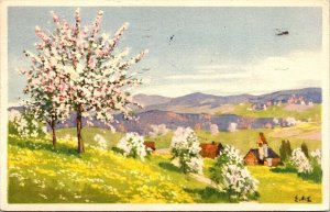 Switzerland Water Color Painting Scenic Valley Landscape WB Cancel WOB Postcard 