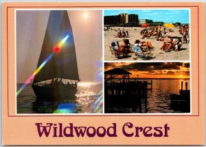 Wildwood Crest New Jersey NJ Sailboat Beach Bathers Pier On Sunset Postcard