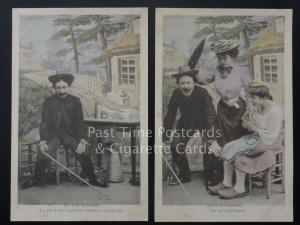 French Card Part Set of 2, QUI TROP EMBRASSE c1903 UB Tinted RP