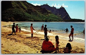 Vtg Hawaii HI Hukilau Old Hawaiian Way Of Fishing Chrome View Postcard