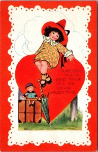 Valentine Postcard Little Girl Sitting on a Giant Heart, Poem and Doll~3540