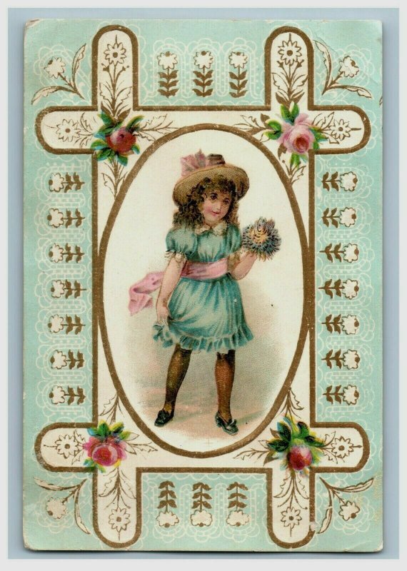 1880s-90s Embossed Victorian Card Lovely Girl In Blue P214