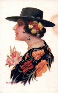 Lady of Spain - Artist initials R.M.R - Lady with Hat - c1910