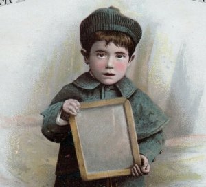 1880s Victorian Trade Card Little Boy Grey-Blue Coat My Papa Smokes #6F