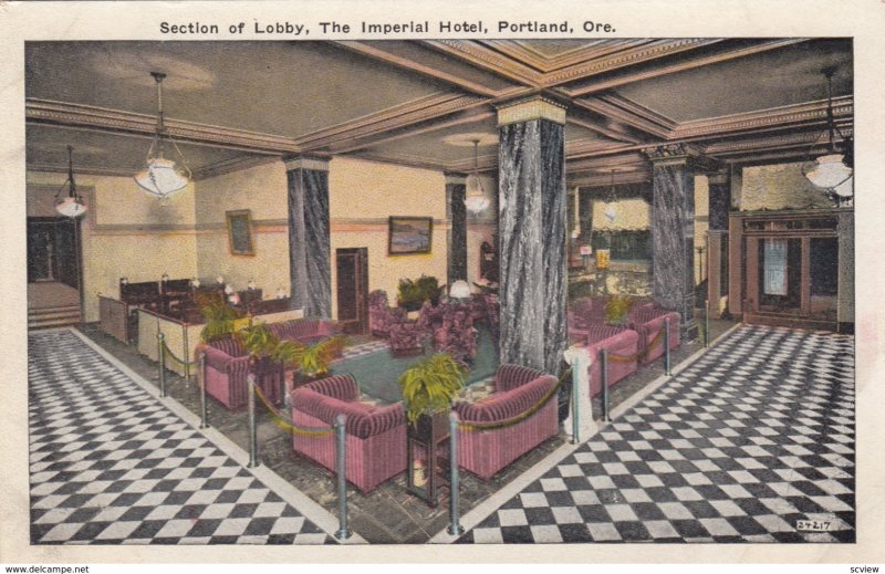 PORTLAND, Oregon, 1900-10s; Section of Lobby, The Imperial Hotel