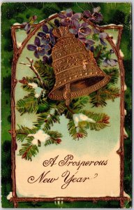 A Prosperous New Year Green Palm Leaf & Christmas Bell Greetings Postcard