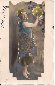 RPPC Tinted, Beautiful Woman in Gypsy Roma Style Costume, Tamburine, 1931