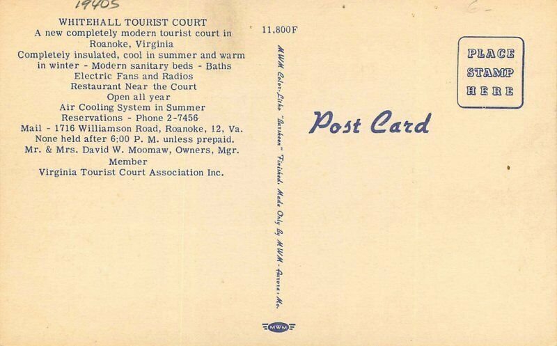 Virginia Roanoke Whitehall Tourist Court 1940s MWM linen Postcard 22-5285