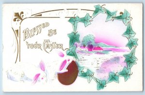 Easter Postcard Bunnies Rabbit Egg Ivy Leaf Airbrushed Embossed c1910's Antique