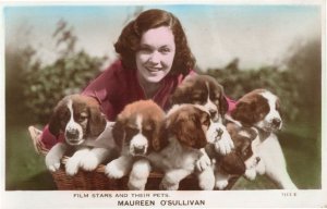 Maureen O'Sullivan Film Stars & Their Pets Rare Tinted Postcard