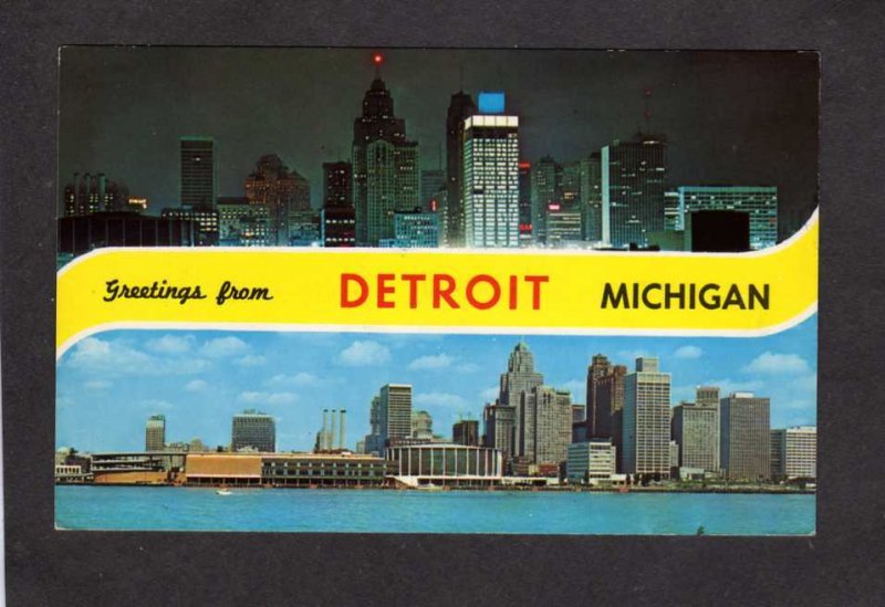 MI Greetings From Detroit Michigan Postcard Skyline Bldgs Night and Day