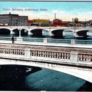 c1910s Waterloo, IA Twin Bridges 4th St Litho Photo Postcard Dam Downtown A62