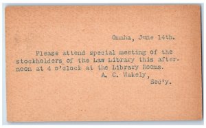 1890 Special Meeting of Stockholders of Law Library Omaha NE Postal Card 