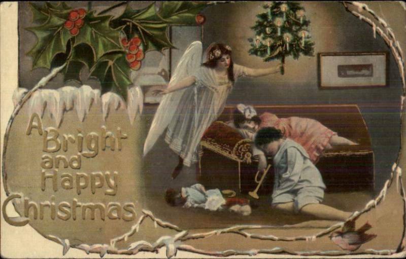 Christmas - Angel Watches Over Sleepy Children c1910 Postcard rpx