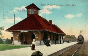 c1910 Grand Trunk Depot Train Station Flint, MI. Postcard F87
