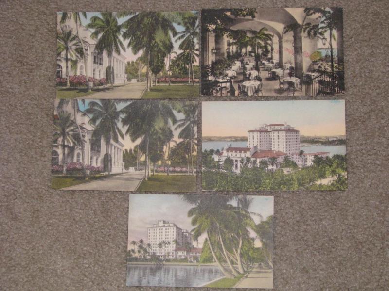 Whitehall-Palm Beach Florida-5 Different Hand colored Postcards