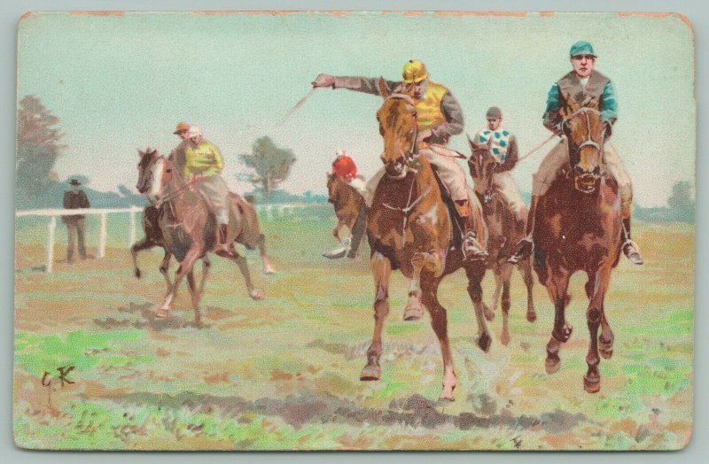 PFB Sports~Rider Whips Horse to Victory~Close Race~Grassy Track~Artist GK~#3028 