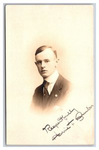 RPPC Studio View Portrait Handsome Young Man Named Harrie T Brandon Postcard P25