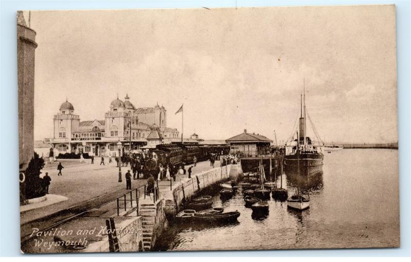 *Pavilion Harbour Weymouth Dorset England Train Boats RR Vintage Postcard C86