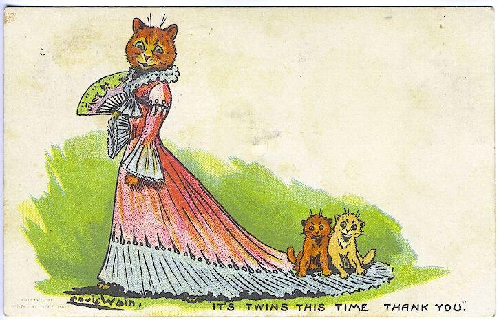 Louis Wain Dressed Cats Fan Twins Signed Vintage Postcard