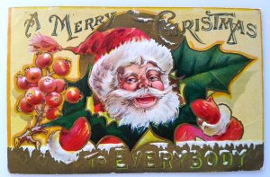 Santa Claus Christmas Postcard Jolly Saint Nick Giant Holly Leave Embossed