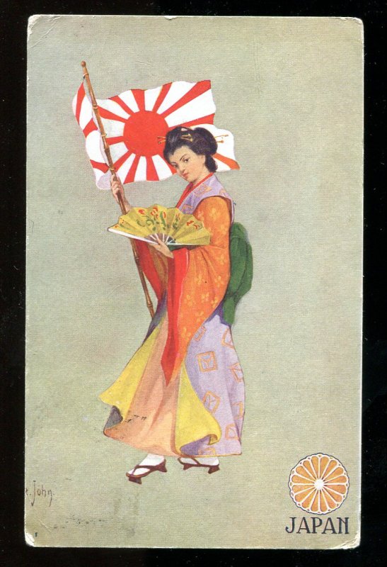 dc1862 - Lady JAPAN c1905 Woman with Flag & Fan. Artist Signed