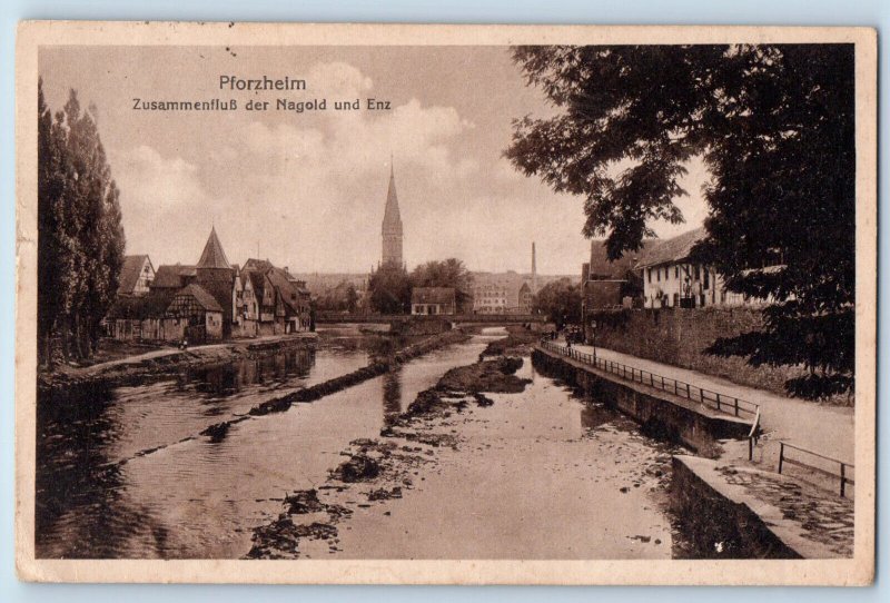 Pforzheim Germany Postcard Confluence of the Nagold and Enz 1918 Posted