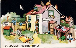 A Jolly Week End Drunk Men Apartments Moon Face Comic Philco Postcard H17