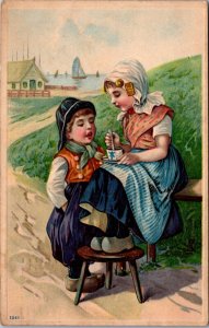 Artwork Postcard Dutch Boy Watching Girl Stir Her Cup of Tea Outside
