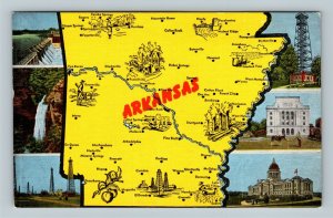 State Map, Cedar Falls, Federal Building, State Capitol, Linen Arkansas Postcard