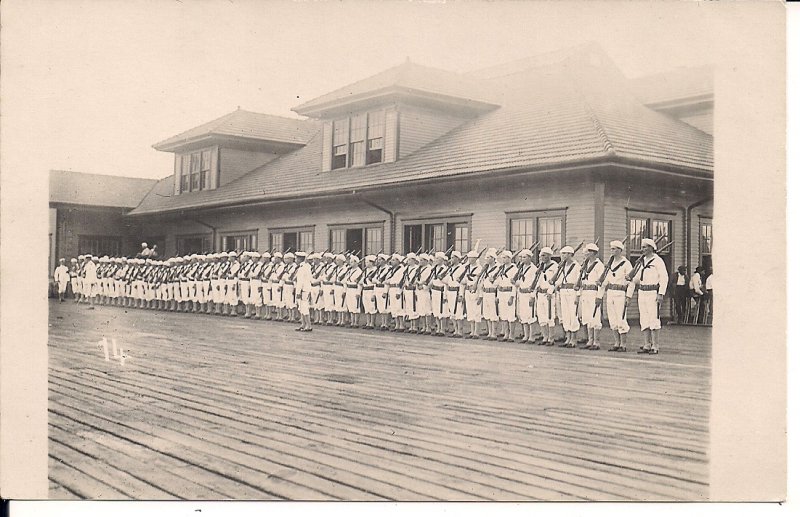 RPPC Sailors at Pier, US Navy, WWI Era, USS Kearsage Crew, Uniforms Rifles 1916